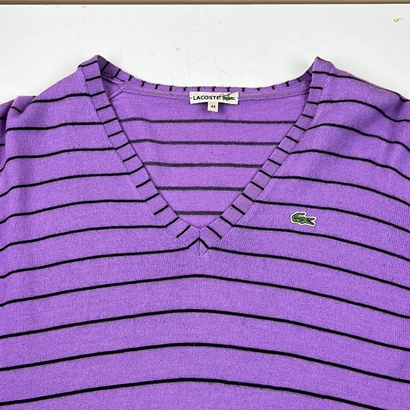 Men's Lacoste purple wool striped v-neck sweater - Picture 7 of 11